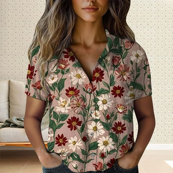Tittly Button Down Shirts Shirts for Women Women's Retro Floral Print Short Sleeved Shirt Short Sleeve Shirts Womens Shirts Orange XXL