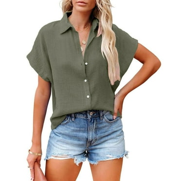 Tittly Button Down Shirts Womens Shirts Women's Solid Color Single Breasted Fashionable Casual Short Sleeved Shirt Short Sleeve Shirts Tshirts Shirts AG L