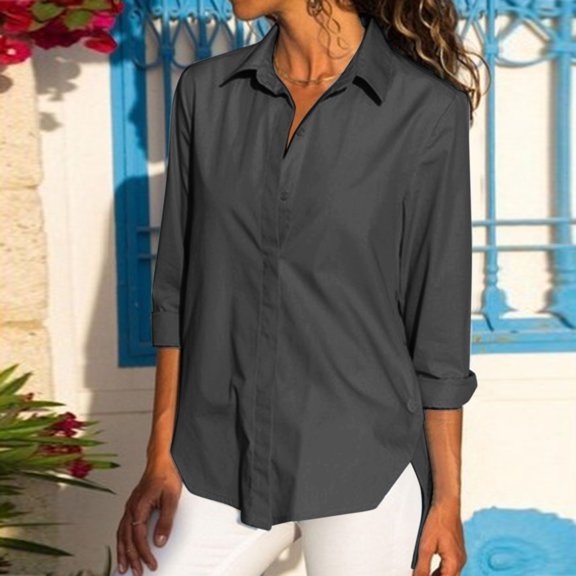 Tittly Button Down Shirts Blouses for Women Ladies Spring And Autumn Solid Color Long Sleeve Split Side Button Stand Collar Shirt Tshirts Shirts Workout Shirts Army Green L