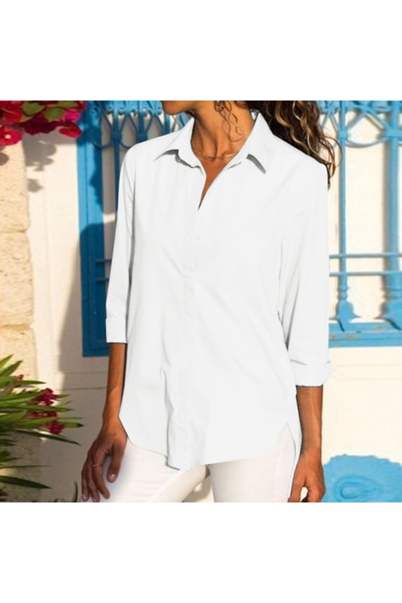Button Down Shirts Blouses for Women Ladies Spring And Autumn Solid Color Long Sleeve Split Side Button Stand Collar Shirt Tshirts Shirts Workout Shirts White XL