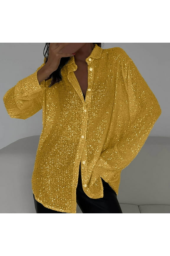 Button Down Shirts Sequin Tops for Women Women's Long Sleeve Fashionable Sequin Lapel Solid Color Casual Shirt Long Sleeve Shirts for Women Tshirts Shirts Gold XXL