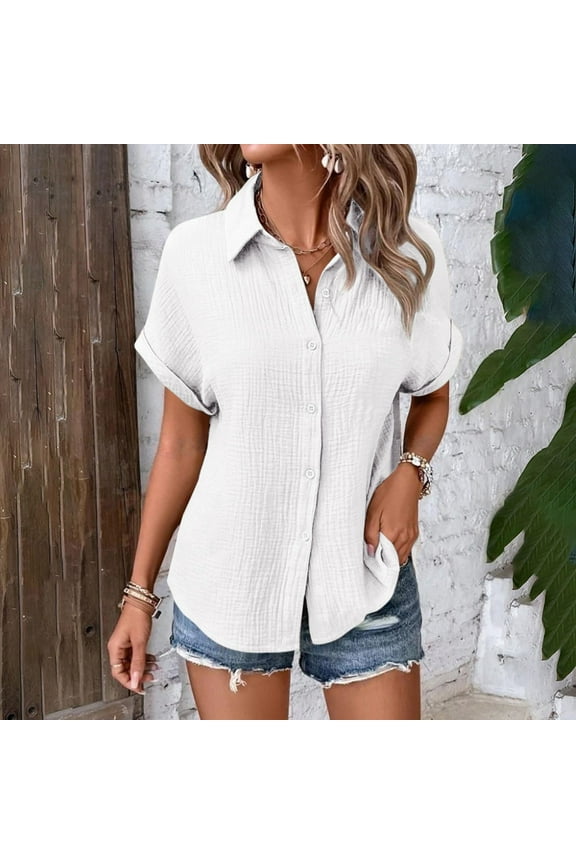 Button Down Shirts Shirts for Women Generisch Muslin Blouse Women's Summer Shirt Blouse Cotton Short Sleeve Linen Blouse Tops V Neck Long Blouse Tunic Short Sleeve Shirts Womens Shirts White XL