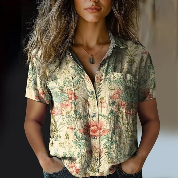 Tittly Button Down Shirts Shirts for Women Women Cotton Shirt Printed Fashion Down Shirts Casual Tops Short Sleeve Blouse Short Sleeve Shirts Womens Shirts Beige L