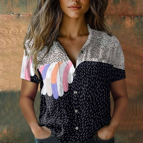 Tittly Button Down Shirts Shirts for Women Women Cotton Shirt Printed Fashion Down Shirts Casual Tops Short Sleeve Blouse Short Sleeve Shirts Womens Shirts Black L