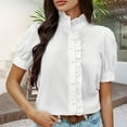 thumbnail image 1 of Tittly Button Down Shirts Shirts for Women Women's Striped Down Shirts Casual Puff Short Sleeve Ruffle Mock Neck Work Blouses Tops Short Sleeve Shirts Womens Shirts White S, 1 of 9