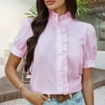 thumbnail image 1 of Tittly Button Down Shirts Shirts for Women Women's Striped Down Shirts Casual Puff Short Sleeve Ruffle Mock Neck Work Blouses Tops Short Sleeve Shirts Womens Shirts Pink XL, 1 of 9