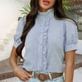 thumbnail image 1 of Tittly Button Down Shirts Shirts for Women Women's Striped Down Shirts Casual Puff Short Sleeve Ruffle Mock Neck Work Blouses Tops Short Sleeve Shirts Womens Shirts Blue M, 1 of 9