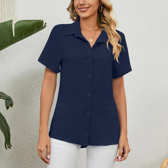 Tittly Button Down Shirts Womens Shirts Casual V Neck Button Down Shirts For Women Solid Short Sleeve Blouse Tops Tshirts Shirts Short Sleeve Shirts Navy L