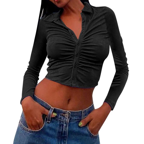 Tittly Button Down Shirts Womens Shirts Women's Long Sleeve Button Down Ruched Crop Top Shirts Going Out Tops Slim Tops Going Out Tops Long Sleeve Shirts for Women Black M