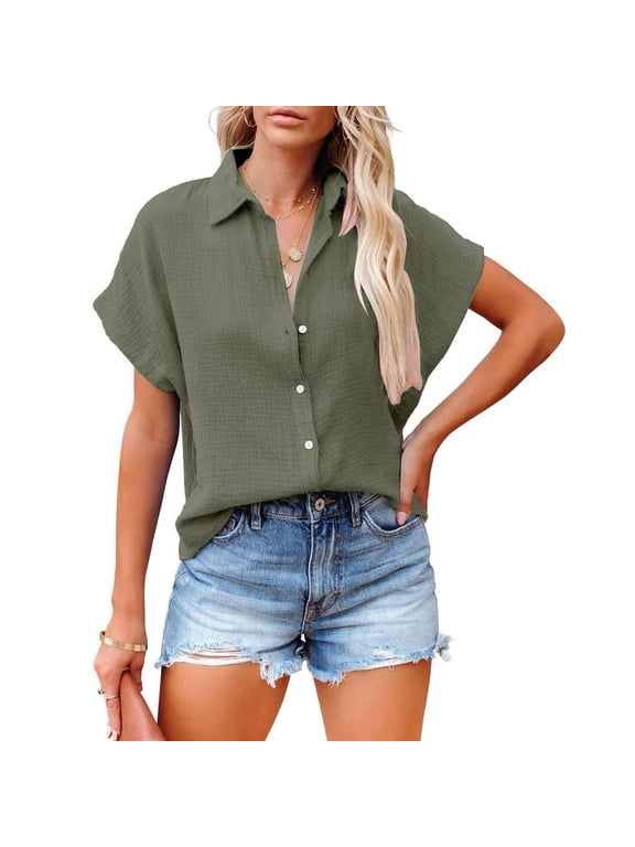 Button Down Shirts Womens Shirts Women's Solid Color Single Breasted Fashionable Casual Short Sleeved Shirt Short Sleeve Shirts Tshirts Shirts AG L