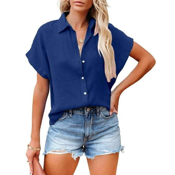 Tittly Button Down Shirts Womens Shirts Women's Solid Color Single Breasted Fashionable Casual Short Sleeved Shirt Short Sleeve Shirts Tshirts Shirts Dark Blue XXL