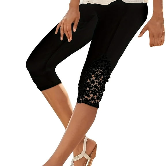 Tittly Capri Pants for Women Womens Leggings Fashion Casual Daily Lace Short Capri Pants Casual Solid High Waist Slim Pants Women's Capri Pants Womens Workout Bottoms Lounge Pants Women Black L