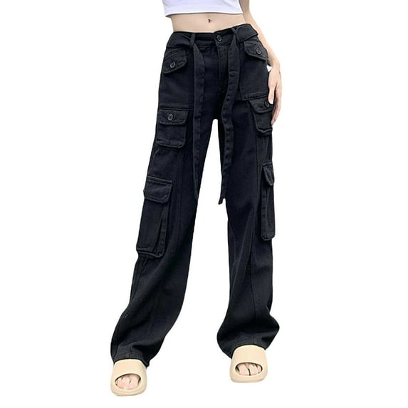 Tittly Cargo Pants Women Palazzo Pants Female Drag Cool Street Loose And Thin Straight Trousers Straight Tube Work Pants Wide Leg Pants Woman Cargo Joggers Black L