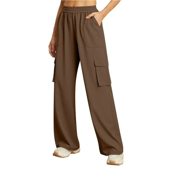 Tittly Cargo Pants Women Palazzo Pants Womens Daily Elastic Waist Pockets Straight Solid Color Casual Pants Loose Pockets Cargo Long Trousers Wide Leg Pants Woman Cargo Joggers Brown L