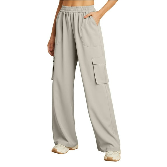 Tittly Cargo Pants Women Palazzo Pants Womens Daily Elastic Waist Pockets Straight Solid Color Casual Pants Loose Pockets Cargo Long Trousers Wide Leg Pants Woman Cargo Joggers Beige L