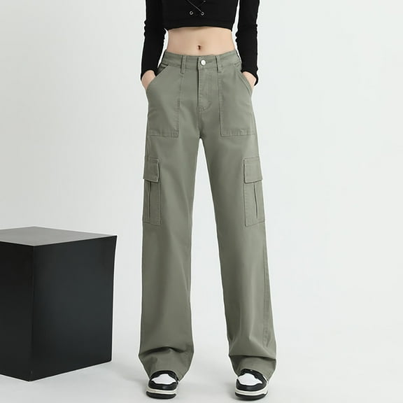 Tittly Cargo Pants Women Palazzo Pants Retro Multi Pocket Straight Work Pants Female Fall And Winter Waist Loose Thin Wide Leg Casual Pants Wide Leg Pants Woman Cargo Joggers A L