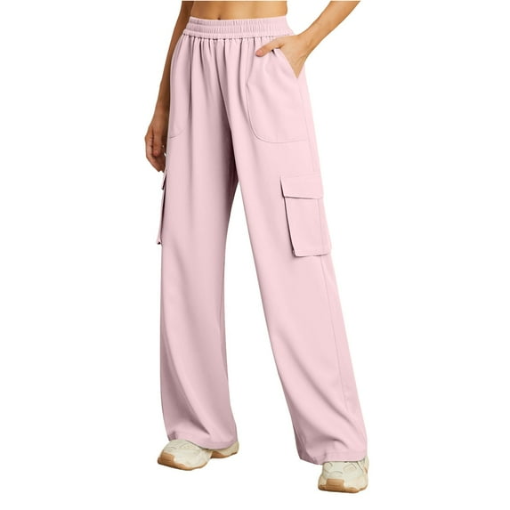 Tittly Cargo Pants Women Palazzo Pants Womens Daily Elastic Waist Pockets Straight Solid Color Casual Pants Loose Pockets Cargo Long Trousers Wide Leg Pants Woman Cargo Joggers Pink L