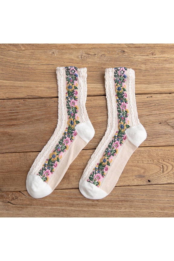 Cotton Socks Crew Socks for Women Women Mid Tube Spring Knitted Cotton Retro Ethnic Floral Cotton Stockings Crew Socks Socks for Women White One Size