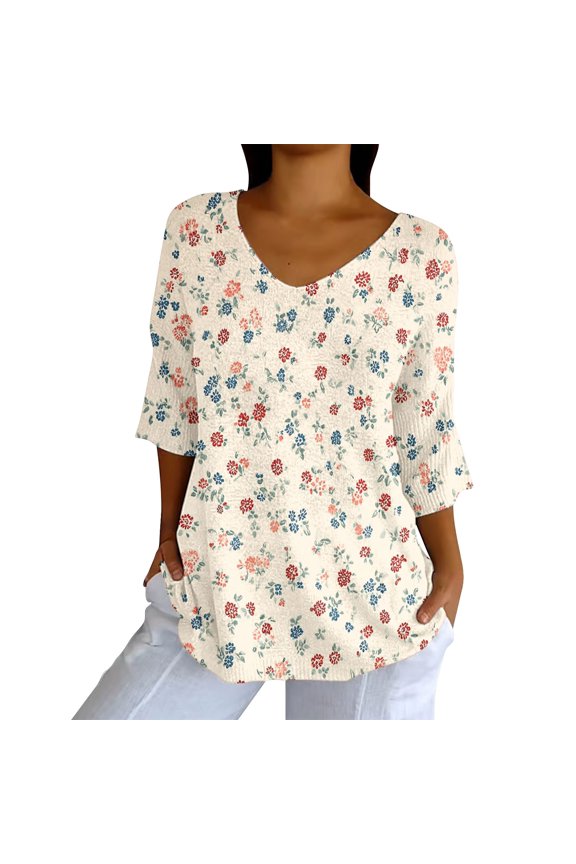 Cute Summer Tops for Women, 3/4 Sleeve Shirts for Women Dressy Tunic Tops Casual Wear with Floral, 3/4 Length Sleeve Womens Tops, Work Blouses for Women Beige M