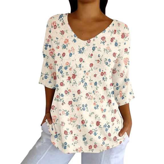 Tittly Cute Summer Tops for Women, 3/4 Sleeve Shirts for Women Dressy Tunic Tops Casual Wear with Floral, 3/4 Length Sleeve Womens Tops, Work Blouses for Women Beige M