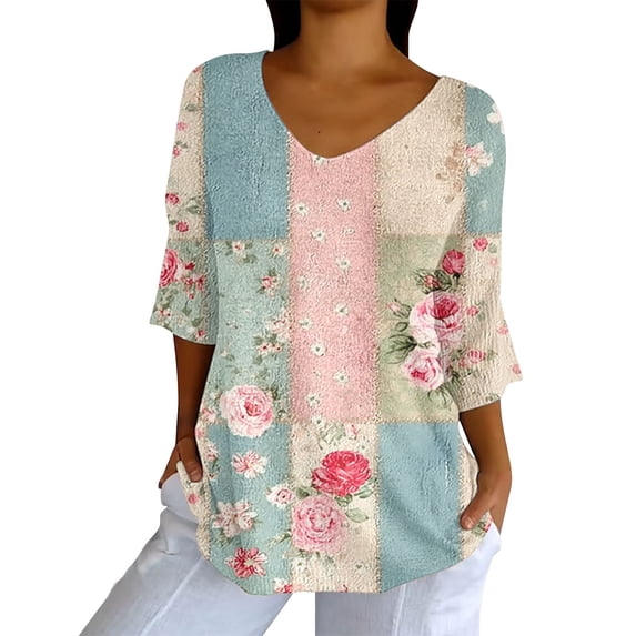 Tittly Cute Summer Tops for Women, 3/4 Sleeve Shirts for Women Dressy Tunic Tops Casual Wear with Floral, Graphic Tees for Women, V Neck T Shirts for Women Blue XL
