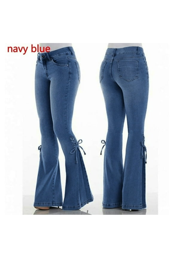 Flare Pants Plus Size Pants Women's Lace-up Bell Bottom Denim Pants Mid Waist Stretchy Flare Juniors Jeans Trouser Leggings Pants for Women Trendy Women Pants Lounge Pants Women Lightblue XS