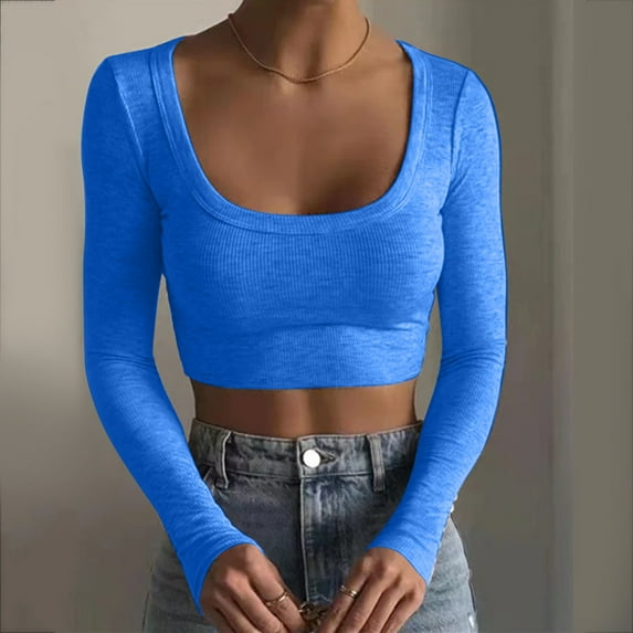 Tittly Going Out Tops for Women Valentines Shirts for Women Women's High Waisted Exposed Navel T Shirt Thin Longsleeved Shirt T Shirts for Women Long Sleeve Shirts for Women Womens Tops Blue M