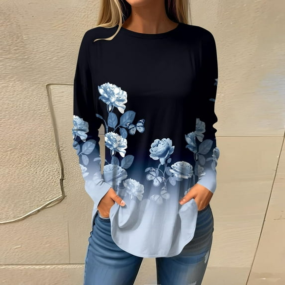 Tittly Graphic Tees Long Sleeve Tops Women's Printed Fashion Casual Pullover Round Neck Long Sleeve Top T Shirts for Women Womens Summer Tops Tshirts Shirts Black XXL