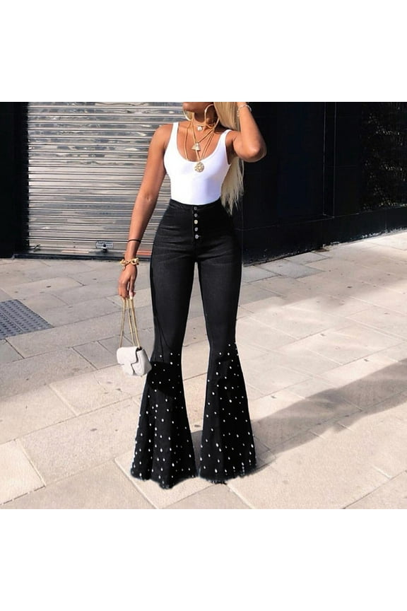 Jeans for Women Flare Pants Button Pants High Jeans Waist Women's Tassel Trousers Bell-bottom Pants Women's Jeans High Waisted Jeans Flare Leggings Grey XL