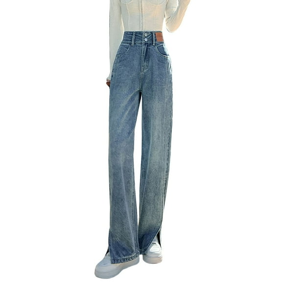 Tittly Jeans for Women High Waisted Jeans Double Button Slit Jeans Feminine High Waist Straight Pants Loose Thin Narrow Wide Leg Trousers Baggy Pants Baggy Jeans Blue L