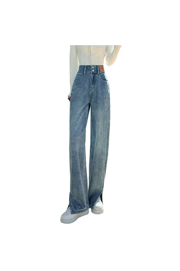 Jeans for Women High Waisted Jeans Double Button Slit Jeans Feminine High Waist Straight Pants Loose Thin Narrow Wide Leg Trousers Baggy Pants Baggy Jeans Blue L