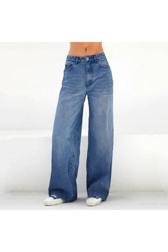 Jeans for Women Wide Leg Pants Woman Pants Zipper High Jeans Pocket Waist Wide Solid Casual Women's Trousers Fly Leg Plus Size Pants Sweatpants Women Baggy Pants dark blue L