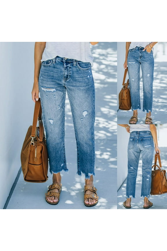 Jeans for Women Barrel Jeans Women's Ripped Light Blue Casual Cropped Straight Wash Jeans Pants for Women Trendy Lounge Pants Women Blue S