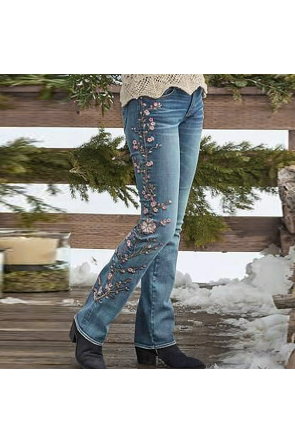 Jeans for Women High Waisted Jeans Women Retro High Waisted Elastic Slim Embroidered Jeans Baggy Jeans Jeans for Women Trendy Blue L