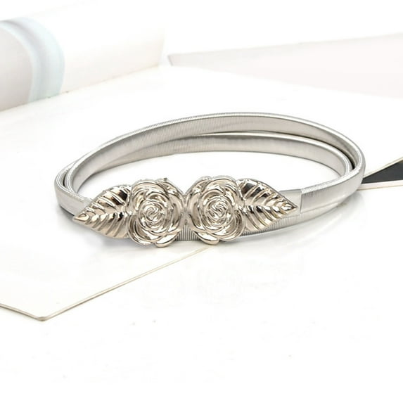 Tittly Leather Belt Belts for Women Women Fashion Casual Elastic Thin Waist Floral Decorative Stretch Belt Running Belt Western Belts Silver One Size