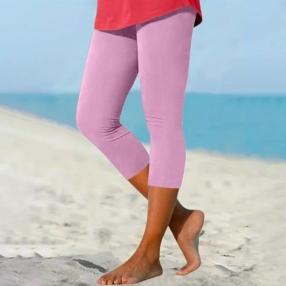 Tittly Leggings for Women Beach Pants Ladies Casual Comfort Printed Stretch High Waist Elastic Cropped Pants Resort Beach Leggings Tights for Women Capri Pants for Women Pink 3XL