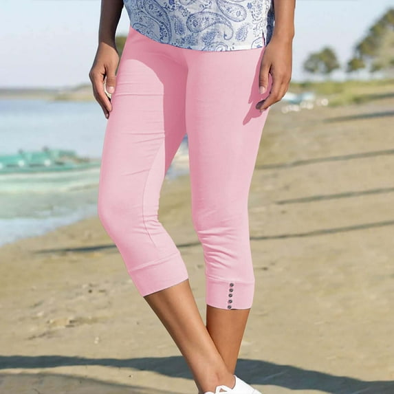 Tittly Leggings for Women Tights for Women Capri Leggings For Women High Waisted Stretchy Yoga Athletic Leggings Button Knee Length Summer Capri Pants for Women Womens Capri Pants Pink XXL