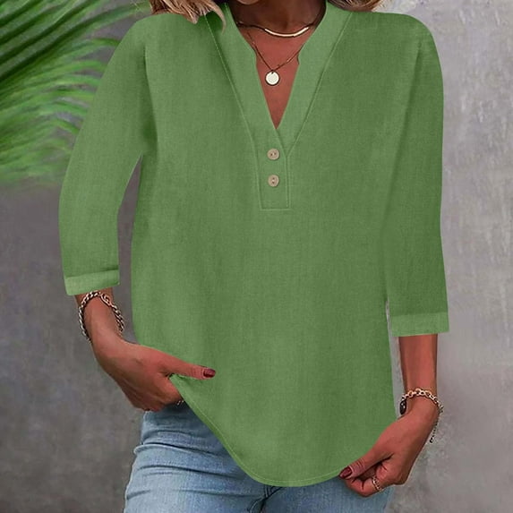 Tittly Linen Tops for Women Linen Button Down Shirt Women Cotton Linen Tops for Women Cotton Linen Shirts For Women Summer Tops 3/4 Length Sleeve Blouses Oversized Tshirts 2025 Green