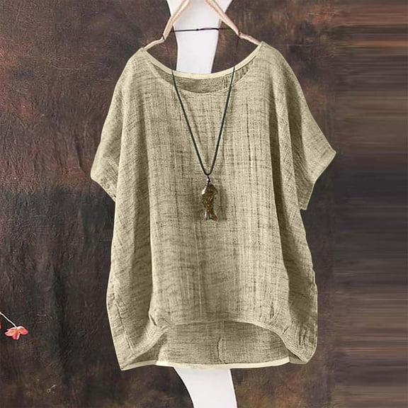 Tittly Linen Tops for Women Linen Button Down Shirt Women Cotton Linen Tops for Women Women's Summer Short Sleeve Solid Casual Loose Linen Top Beige