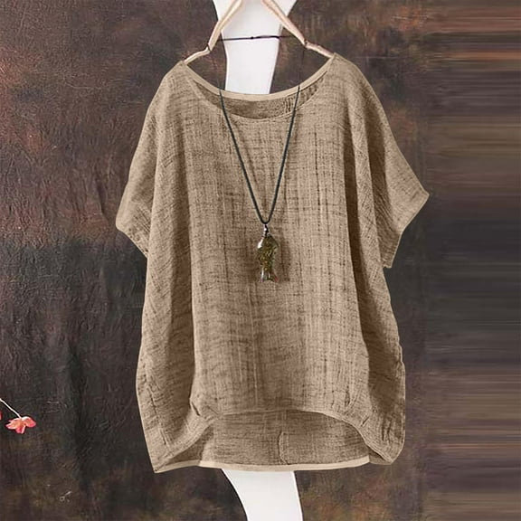 Tittly Linen Tops for Women Linen Button Down Shirt Women Cotton Linen Tops for Women Women's Summer Short Sleeve Solid Casual Loose Linen Top Bronze