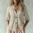 thumbnail image 1 of Tittly Linen Womens Tops Button Down Shirts for Women Linen Long Sleeve Shirt Women Shirt For Women Summer Cotton Linen 3/4 Sleeve Blouse V Neck Collarless Beach Top With Pockets Beige, 1 of 6
