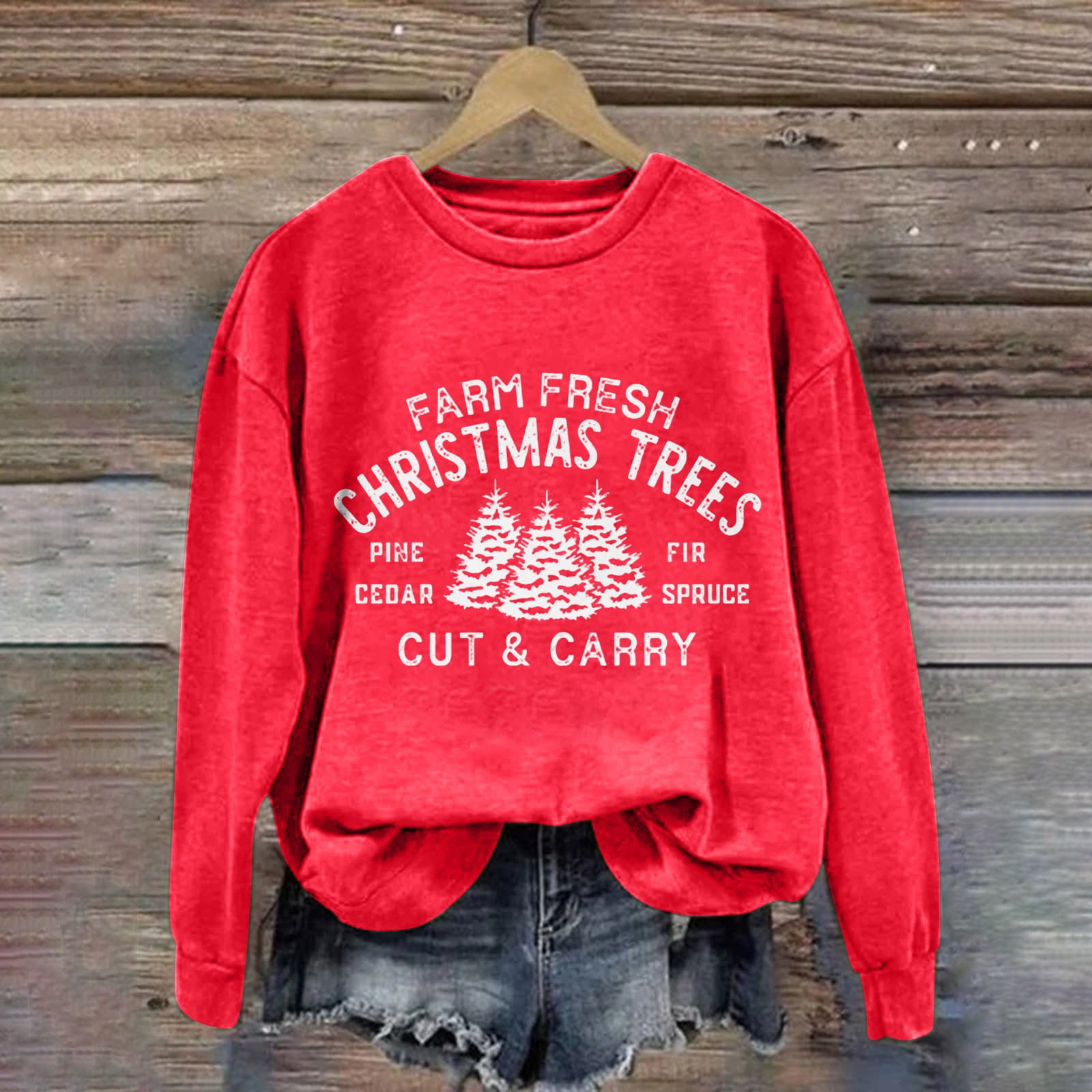 Red Christmas Leaf Print Lapel Neck Long Sleeve Casual Sweater