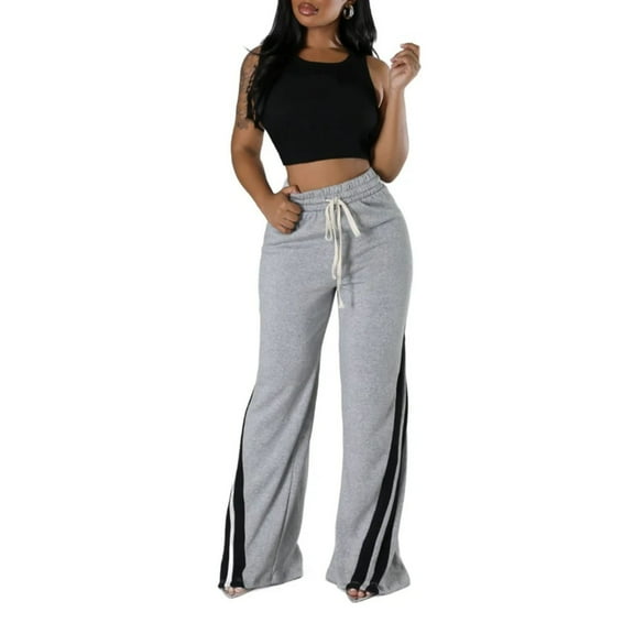 Tittly Lounge Pants Women Cotton Pants for Women Casual Sweatpants Women Loose Wide Leg Elastic Waist Drawstring Cargo Striped Sweat Pants Pants for Women Trendy Comfy Pants Women Grey L