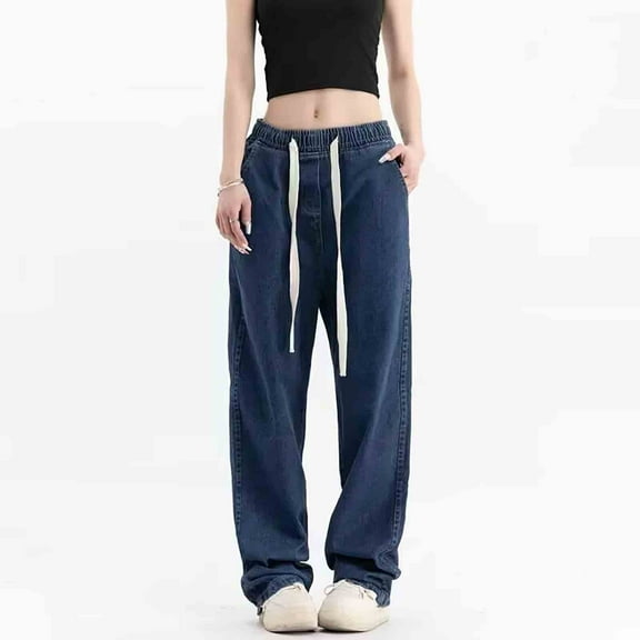 Tittly Lounge Pants Women Jeans for Women Women Loose Fit Jeans Elastic Waist Wide Leg Baggy Jean Cargo Pants Trousers Barrel Jeans Pants for Women Trendy BU2 L