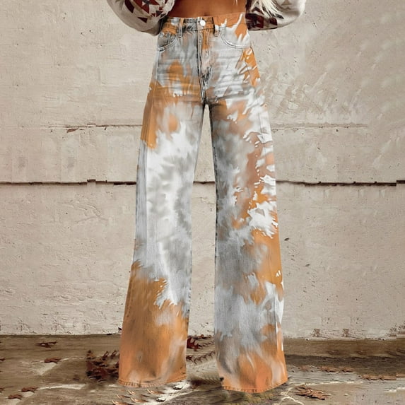 Tittly Palazzo Pants Jeans for Women Wide Leg Pants Woman High Waist Floral Patterned Pants Lightweight Loose Fit Casual Colorful Trouser Imitation Jeans Barrel Jeans Baggy Pants Yellow S