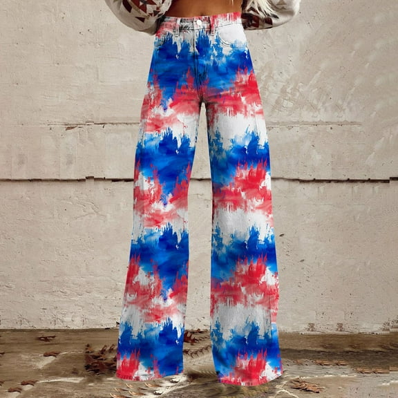 Tittly Palazzo Pants Jeans for Women Wide Leg Pants Woman High Waist Floral Patterned Pants Lightweight Loose Fit Casual Colorful Trouser Imitation Jeans Barrel Jeans Baggy Pants Blue L