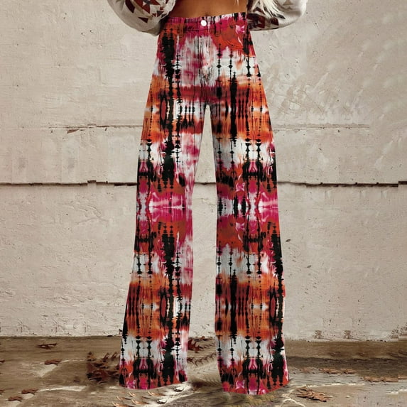 Tittly Palazzo Pants Jeans for Women Wide Leg Pants Woman High Waist Floral Patterned Pants Lightweight Loose Fit Casual Colorful Trouser Imitation Jeans Barrel Jeans Baggy Pants Wine M