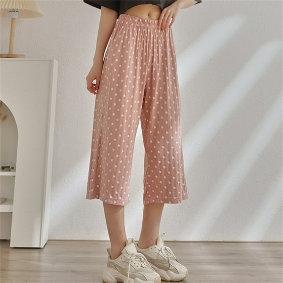 Tittly Palazzo Pants Wide Leg Pants Woman Women's Polka Dot Floral Eighth Wide Leg High Waist Loose Home Casual Pants Baggy Pants Baggy Pants Women Pink 4XL
