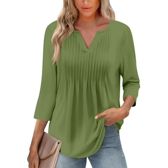 Tittly Shirts for Women Long Sleeve Shirts for Women 3/4 Sleeve Blouses For Women Casual V Neck Summer Tops For Women With Leggings Pleated Curved Tunic Tshirts Shirts Workout Shirts Mint Green L