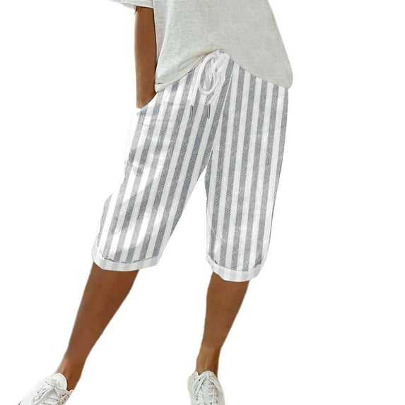 Tittly Shorts for Women Womens Capri Pants Women's Cotton And Linen Striped Pocket Elastic Casual Pants Women's Quarter Pants High Waisted Shorts Lounge Pants Women Dark Gray S
